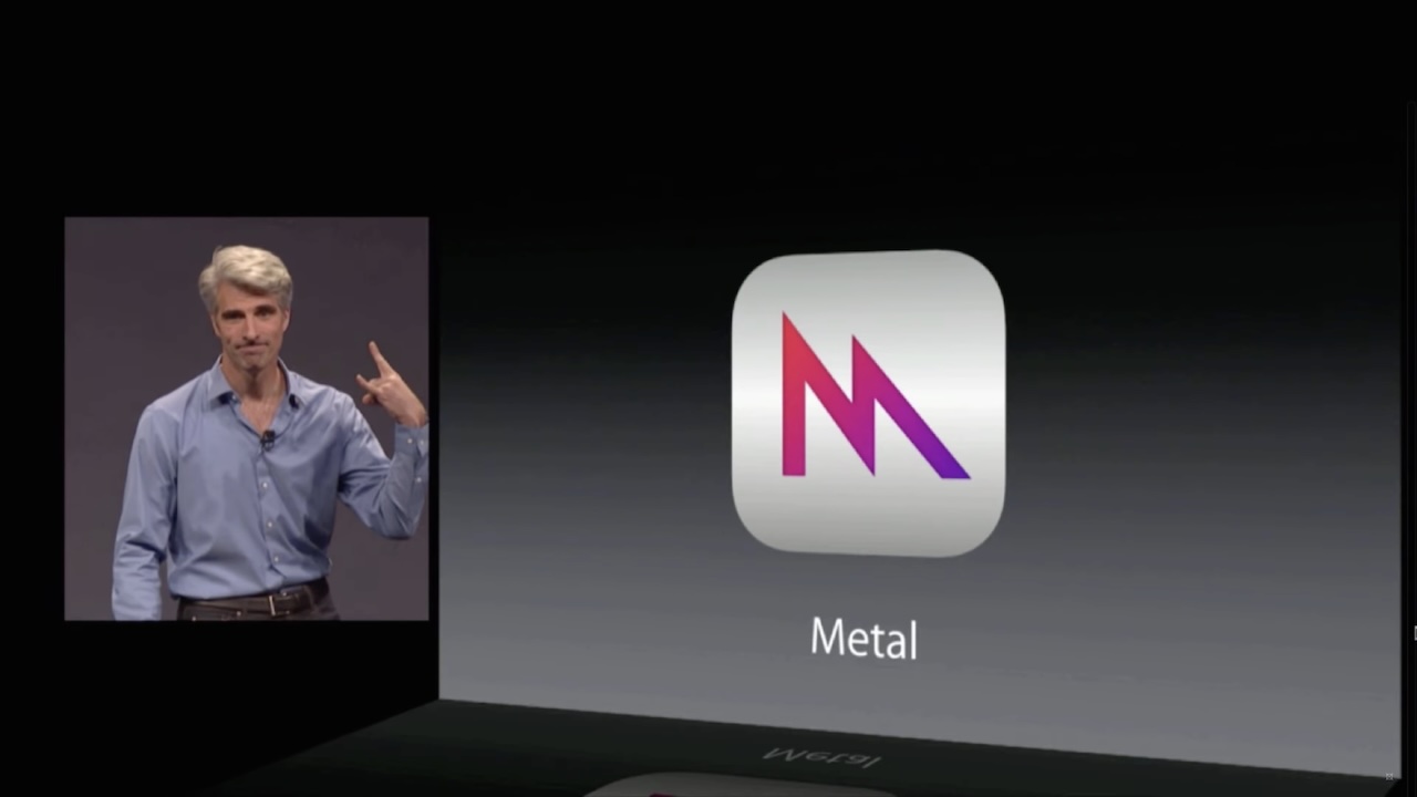 Craig Federighi announcing Metal during WWDC 2014, jokingly making a 'fork' hand gesture.