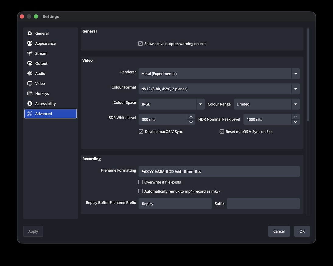 Screenshot of OBS Studio with experimental Metal renderer selected.