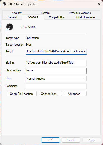 Properties window for a shortcut