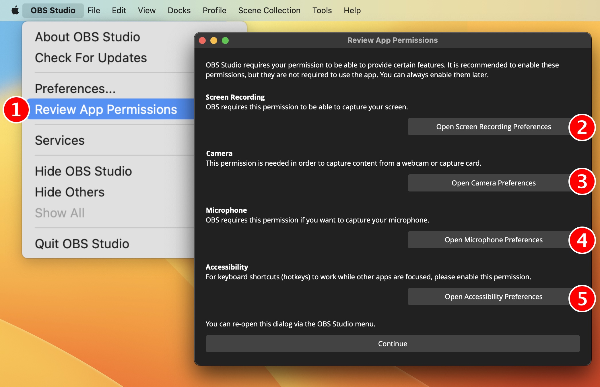 OBS Studio menu showing the Review App Permissions menu item, and accompanying Review App Permissions window