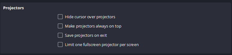 Settings for Projector outputs in the General Settings menu