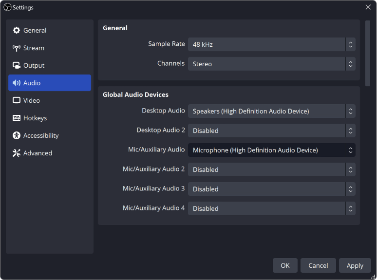 Settings window showing global audio devices