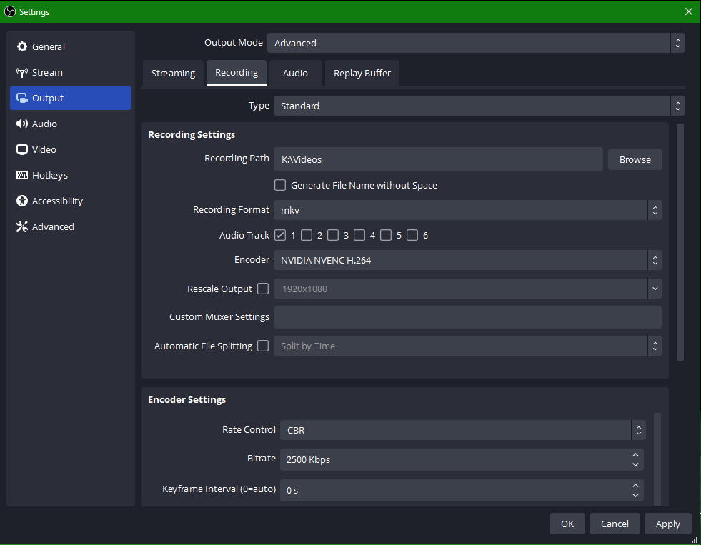An example recording settings tab with NVIDIA NVENC selected while in Advanced output mode.