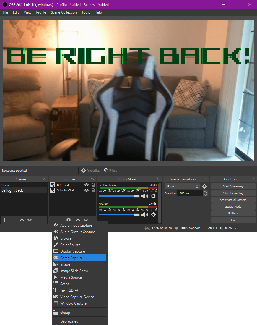 Stream Layout Tutorial 3 Be Right Back screen OBS