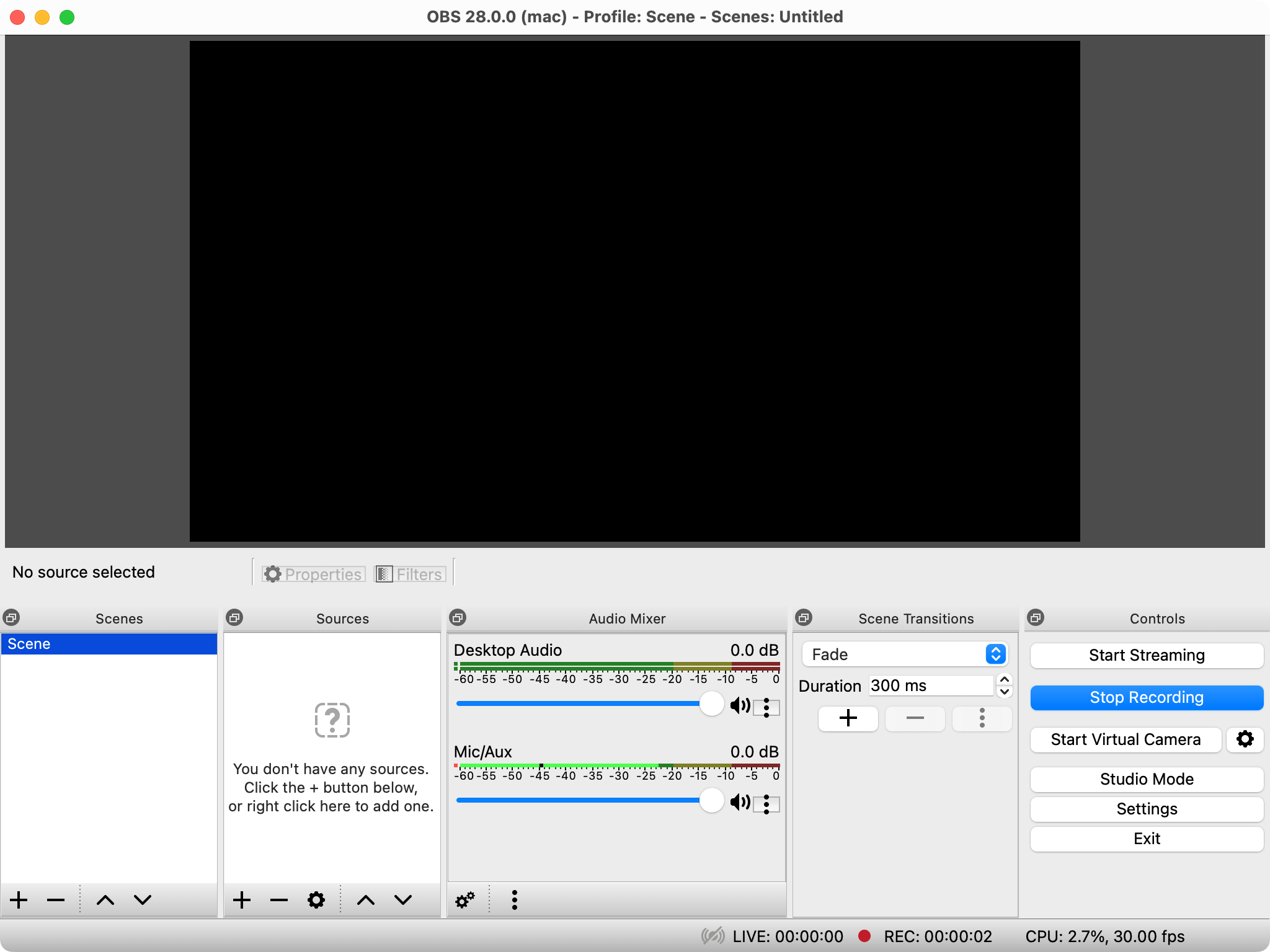 OBS Studio's main window showing the System theme on macOS