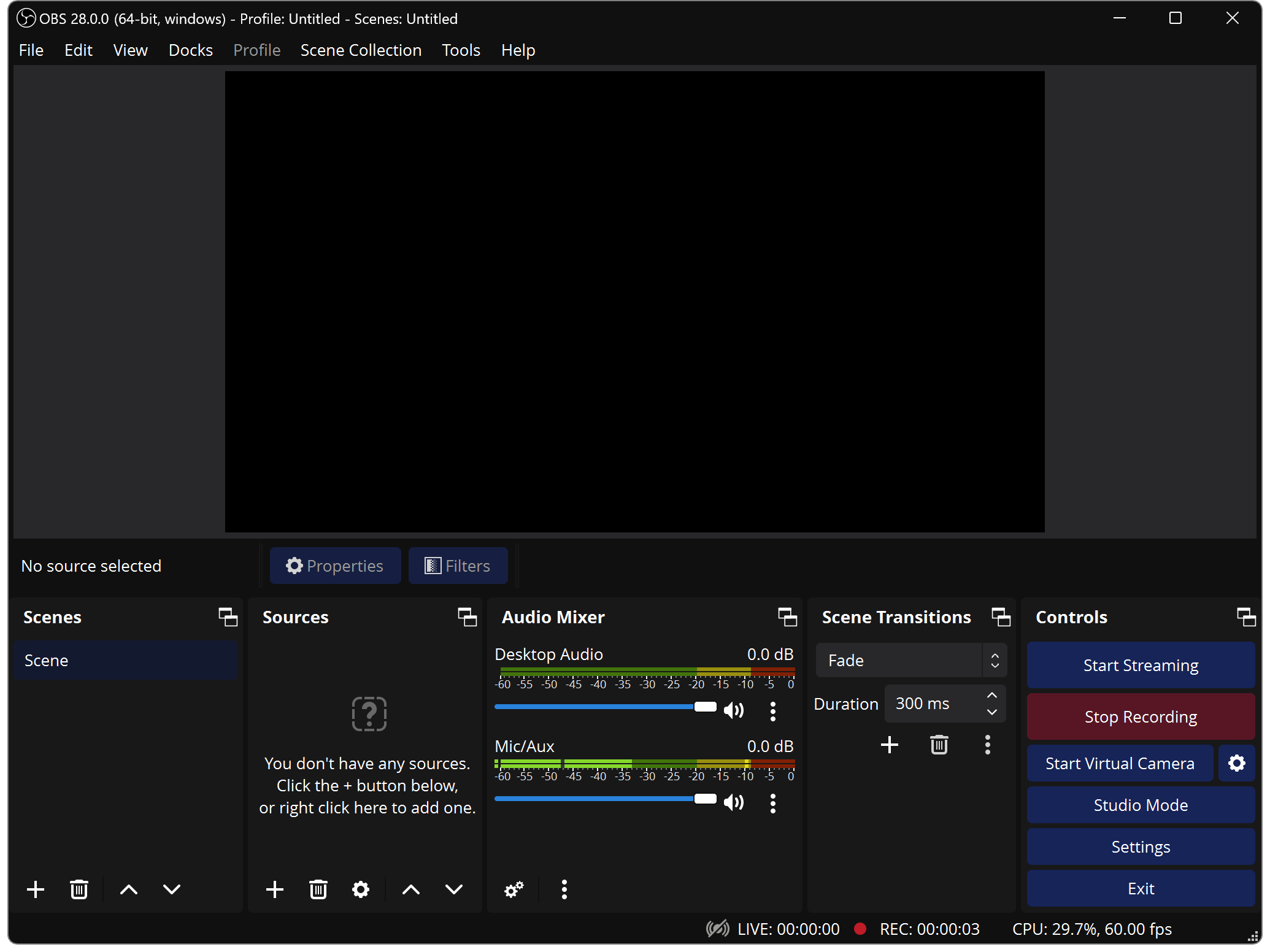 OBS Studio's main window showing the Acri theme