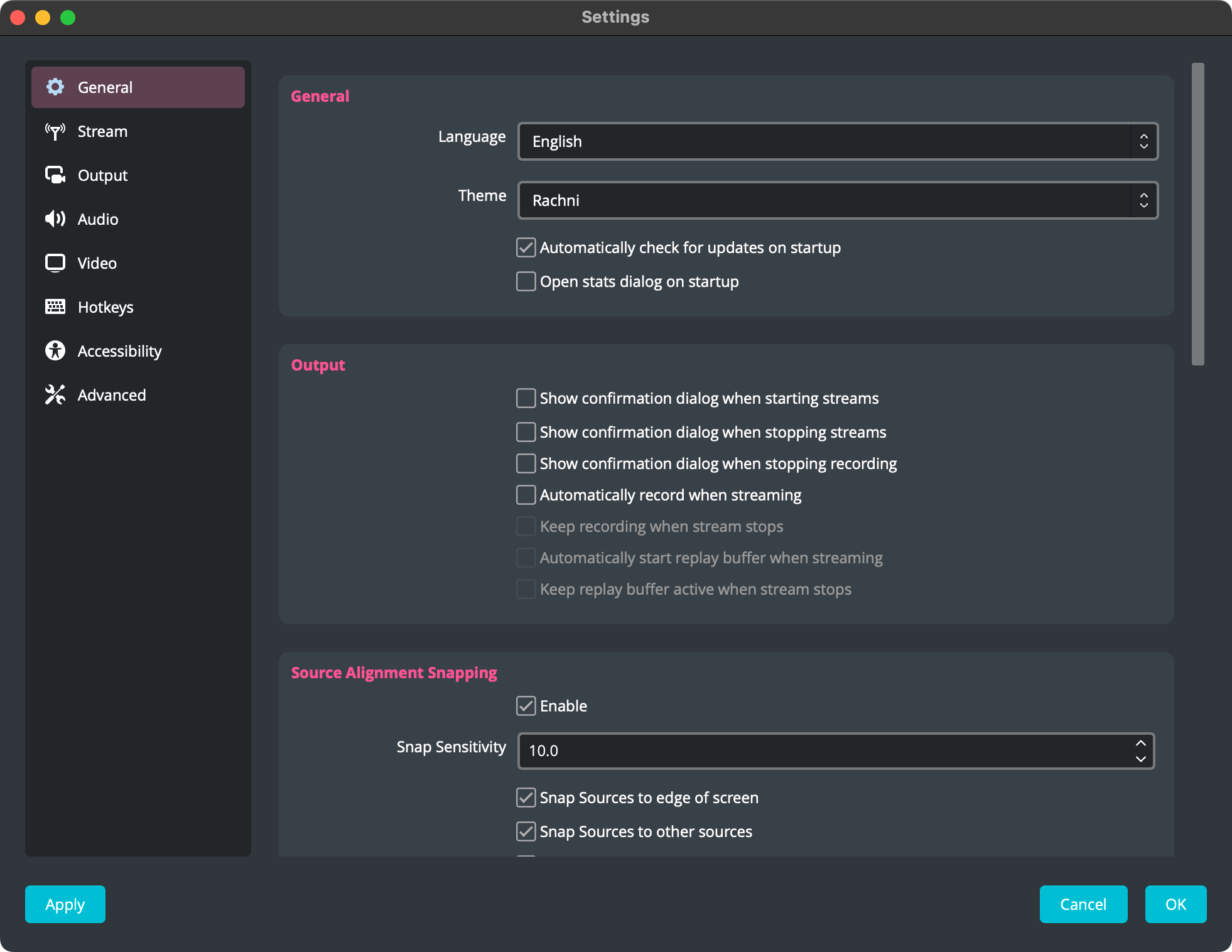 OBS Studio's settings window showing the Rachni theme