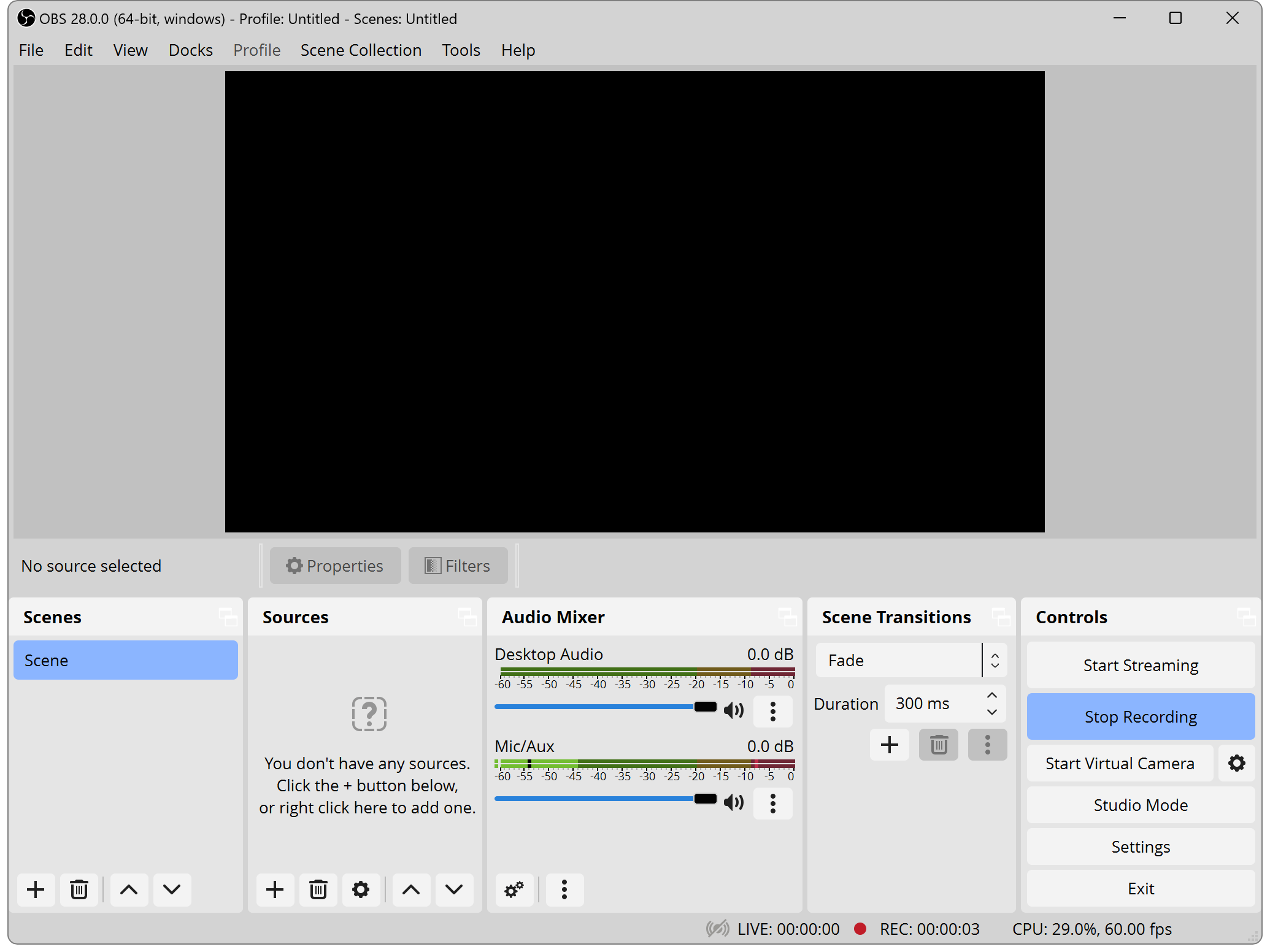 OBS Studio's main window showing the Light theme