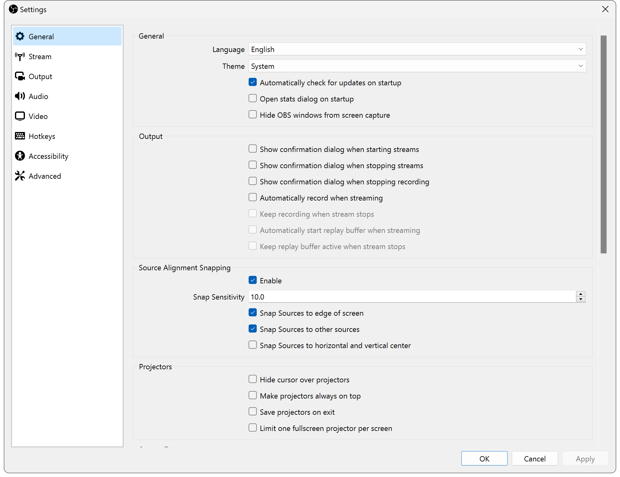 OBS Studio's settings window showing the System theme on Windows