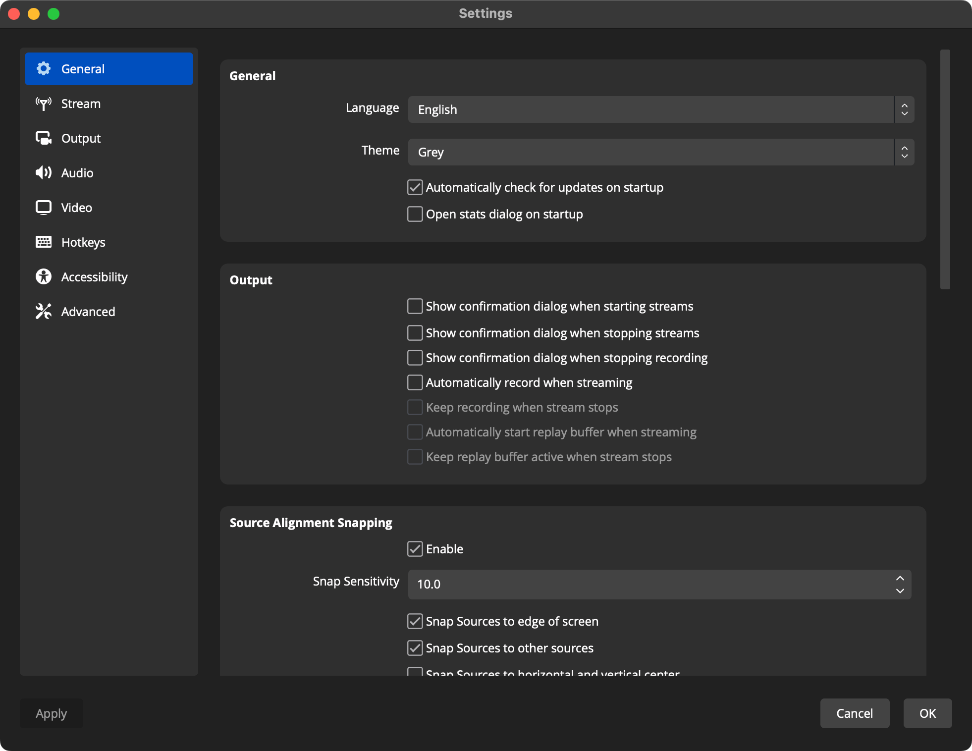 OBS Studio's settings window showing the Grey theme
