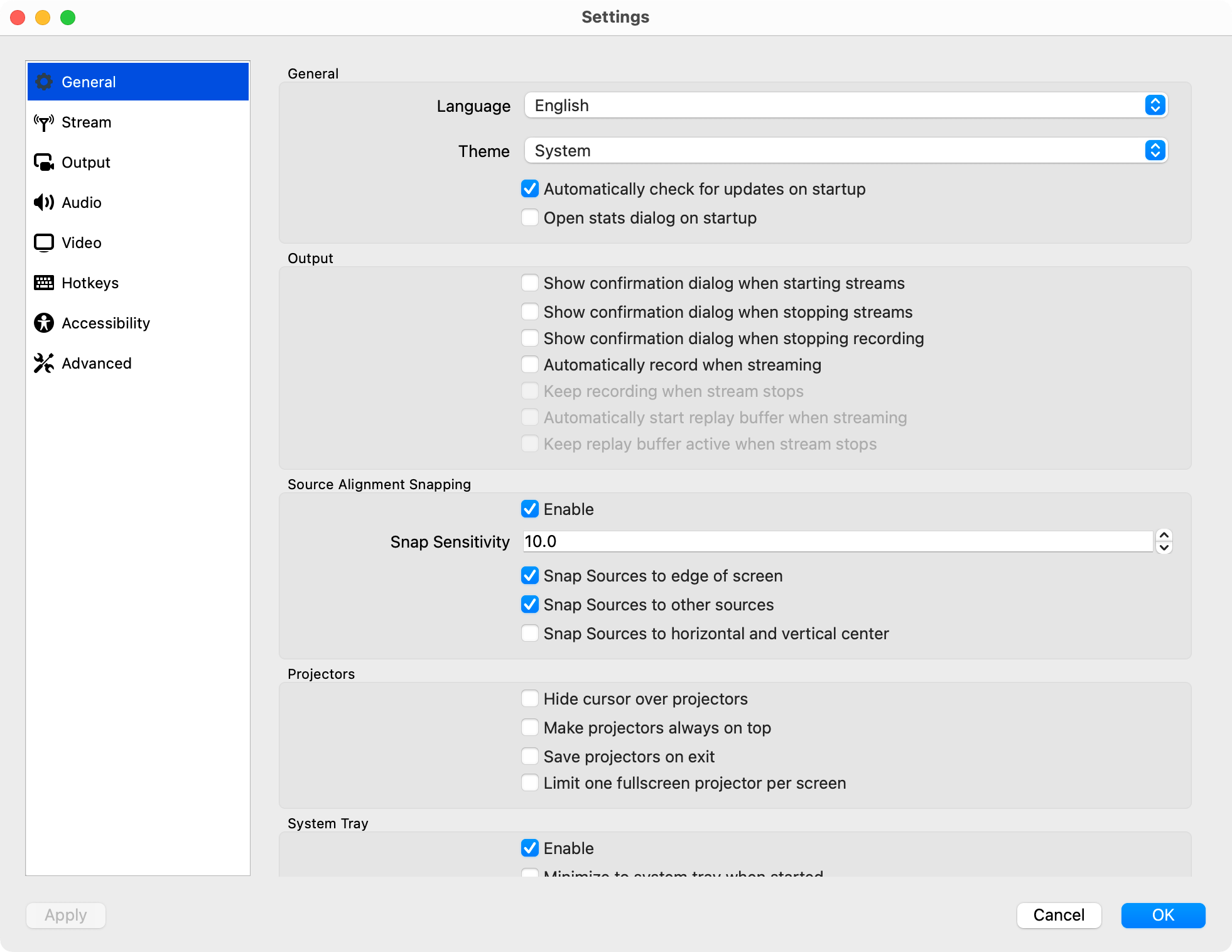 OBS Studio's settings window showing the System theme on macOS