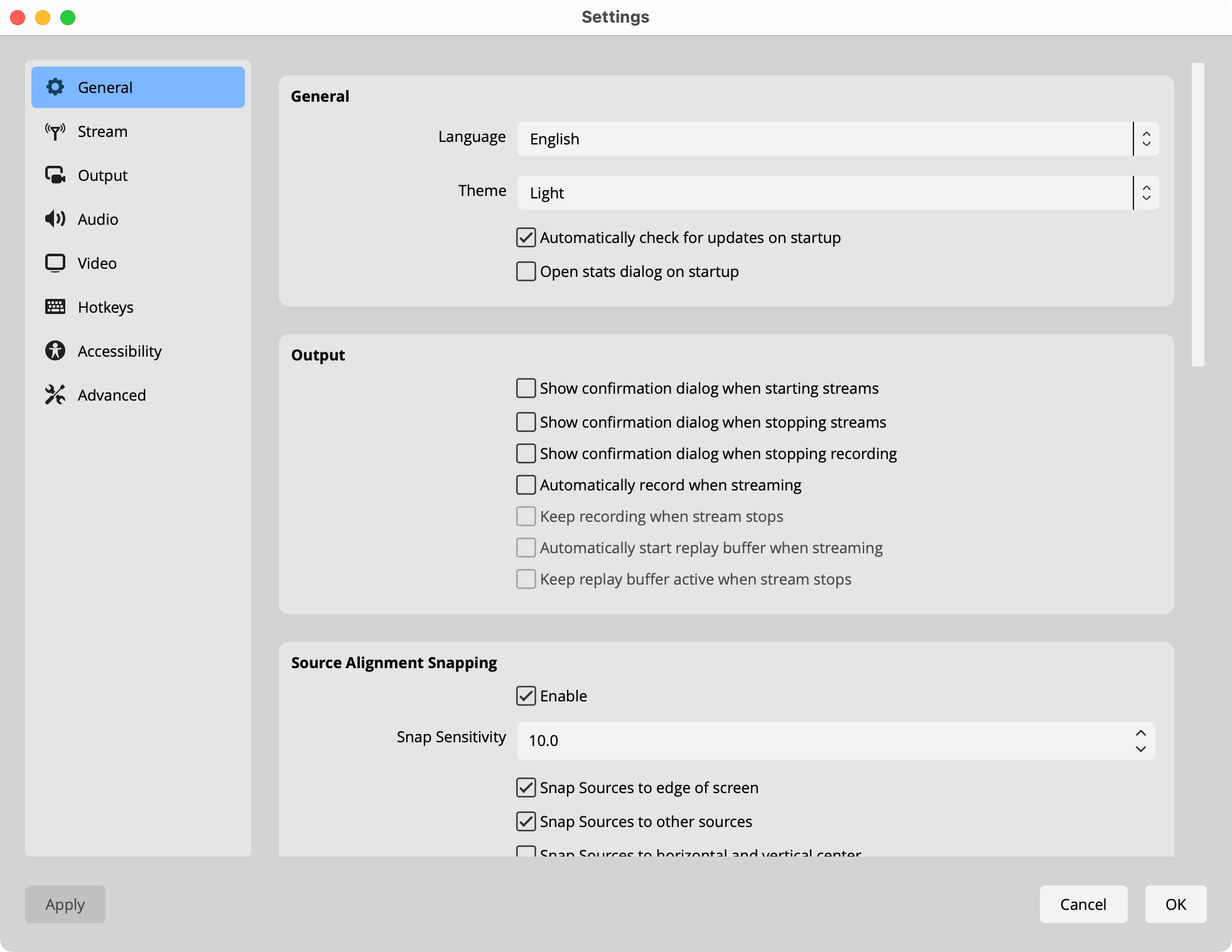 OBS Studio's settings window showing the Light theme