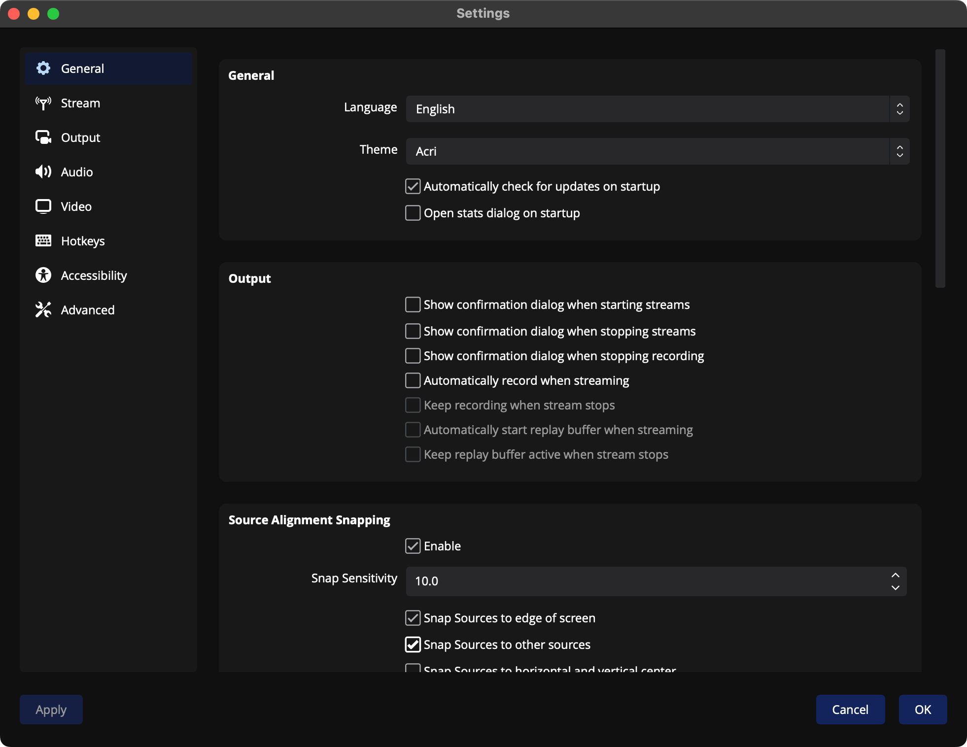 OBS Studio's settings window showing the Acri theme