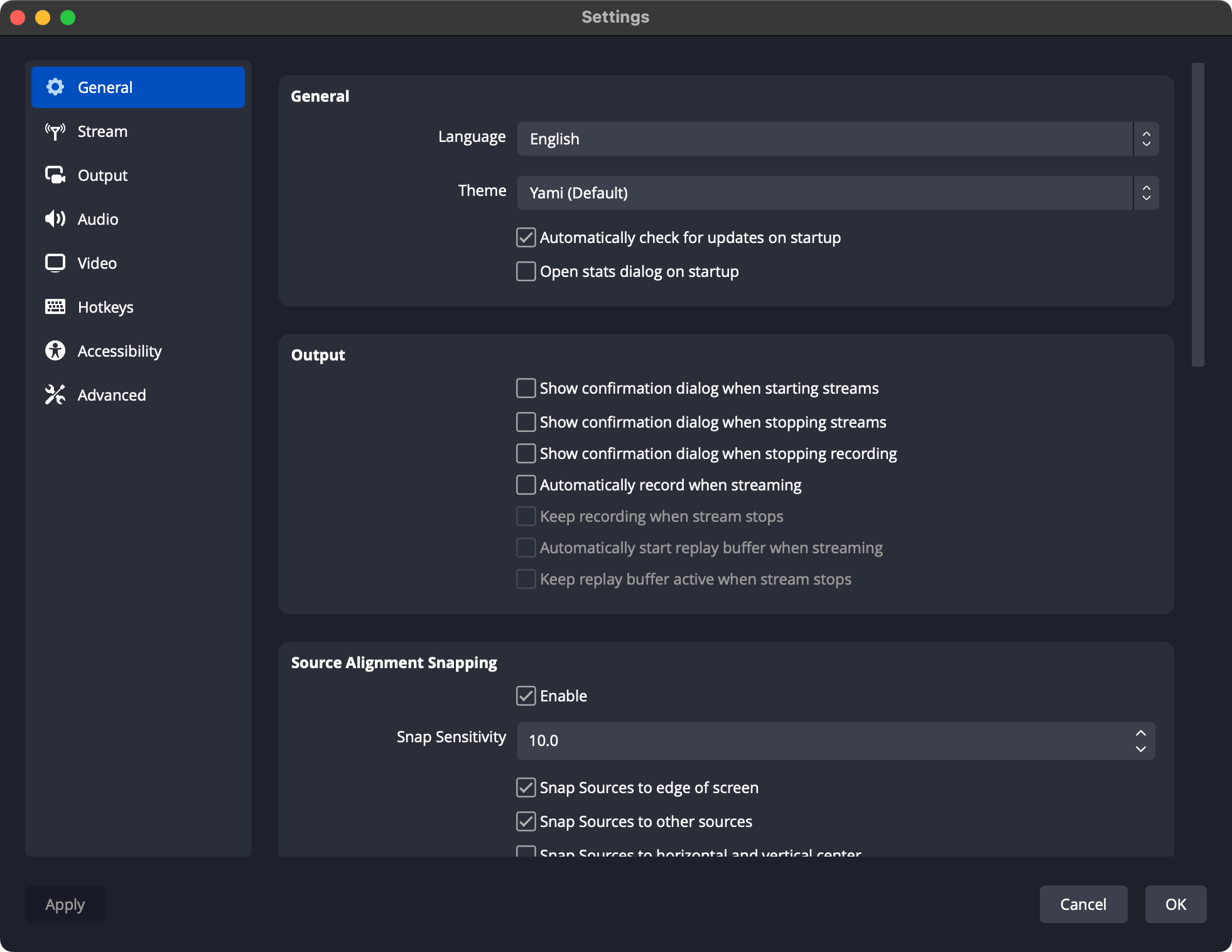 OBS Studio's settings window showing the Yami theme