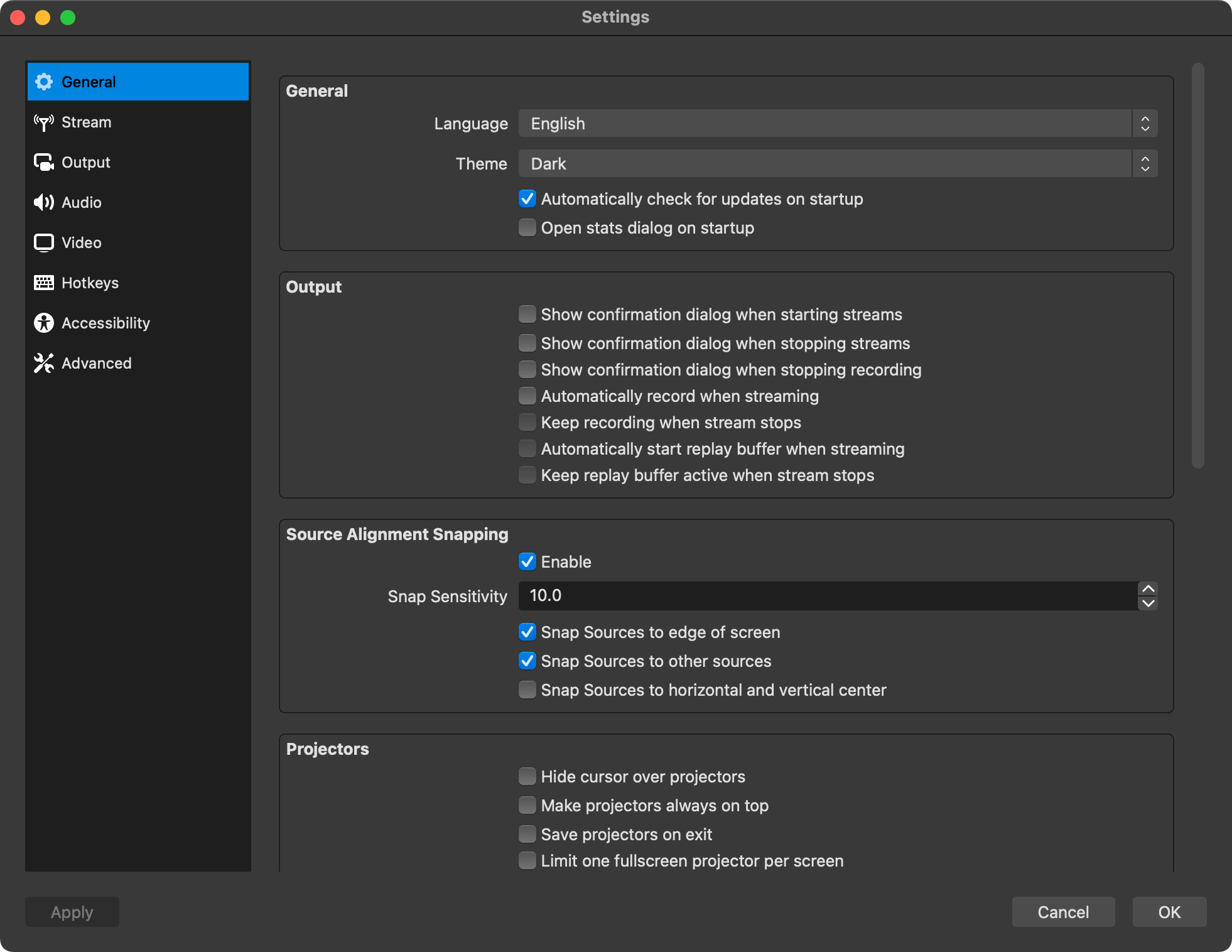 OBS Studio's settings window showing the Dark theme