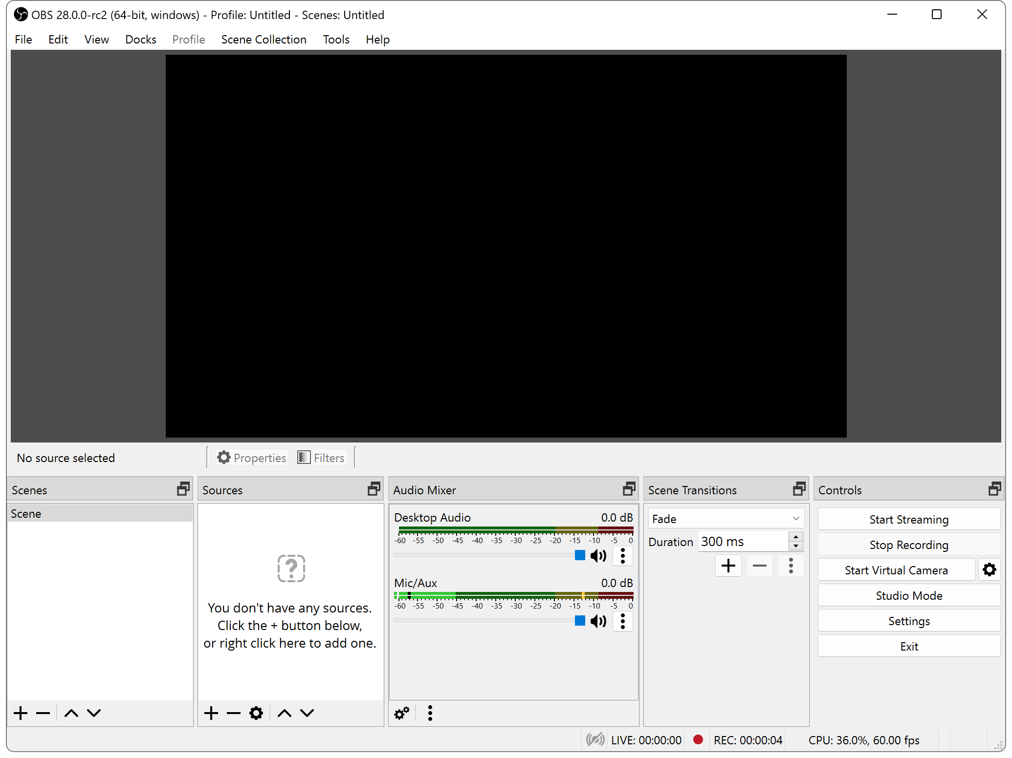 OBS Studio's main window showing the System theme on Windows