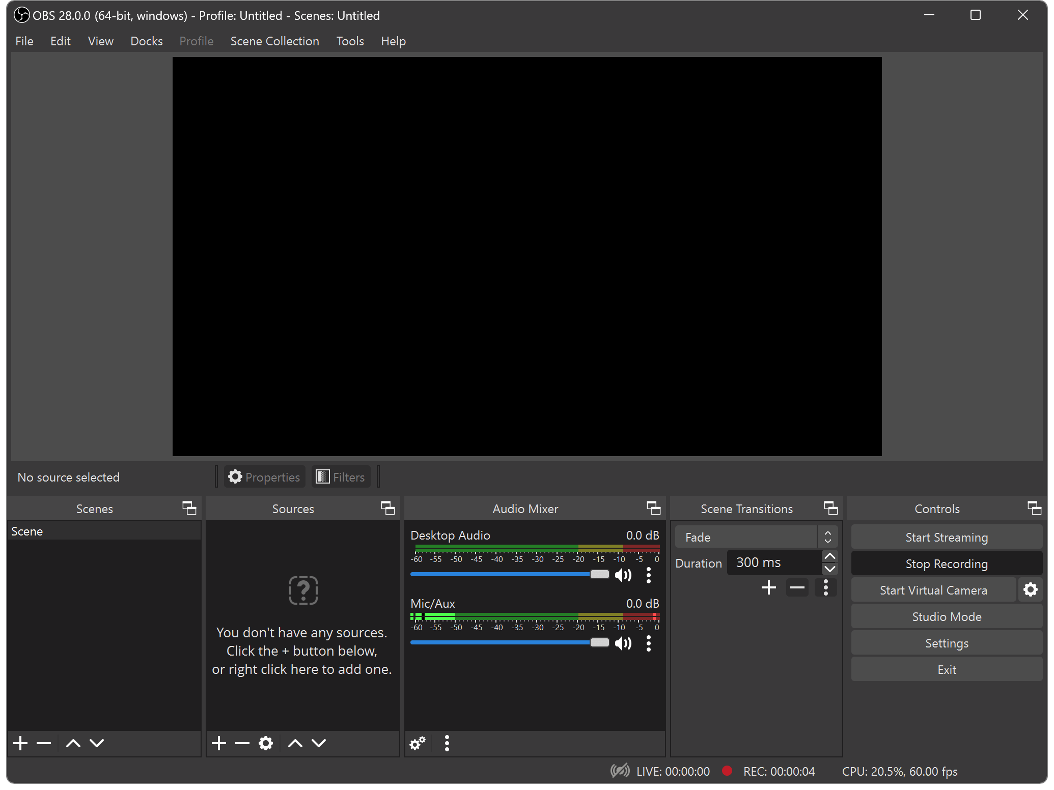 OBS Studio's main window showing the Dark theme