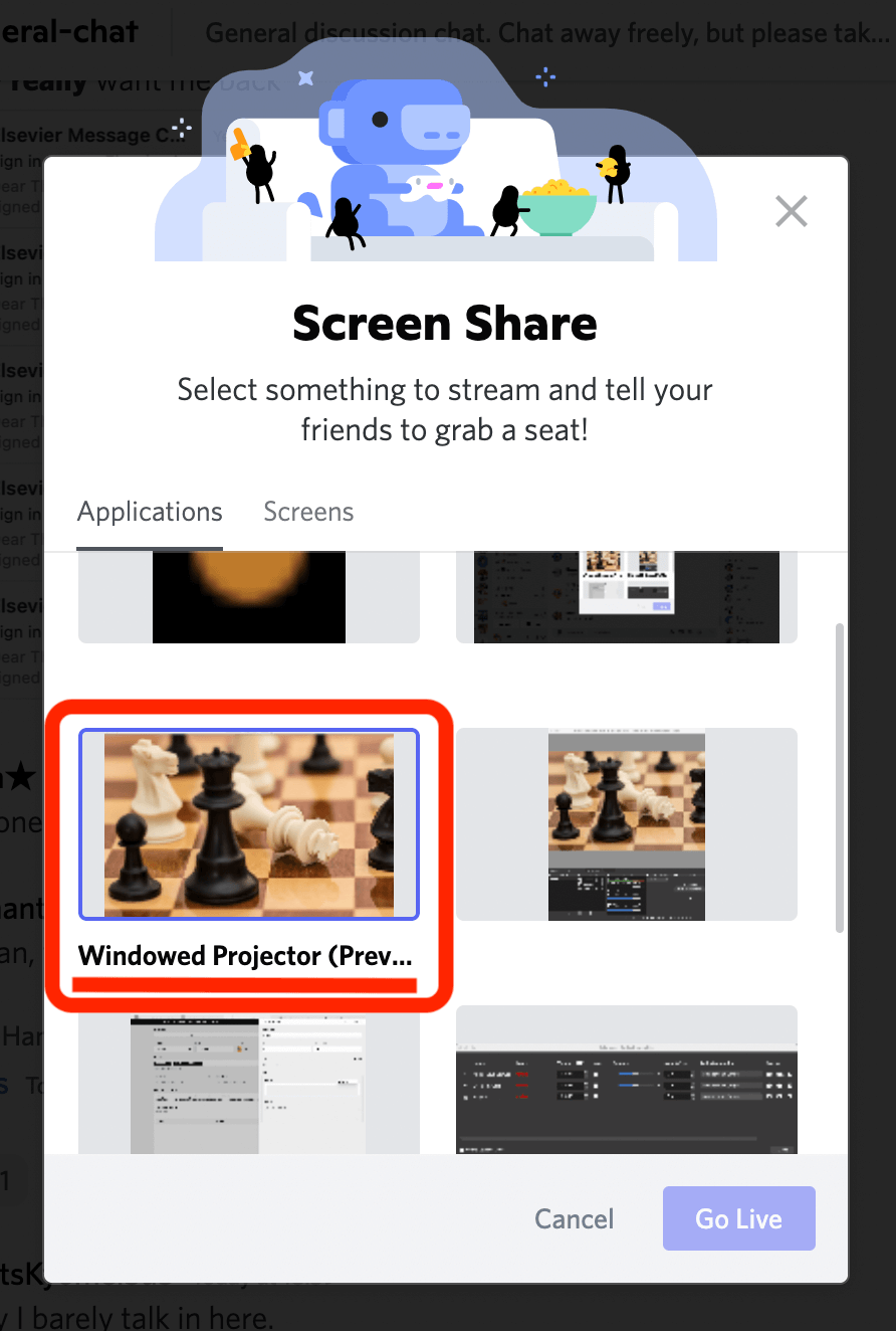 Selecting the projector to share with Discord