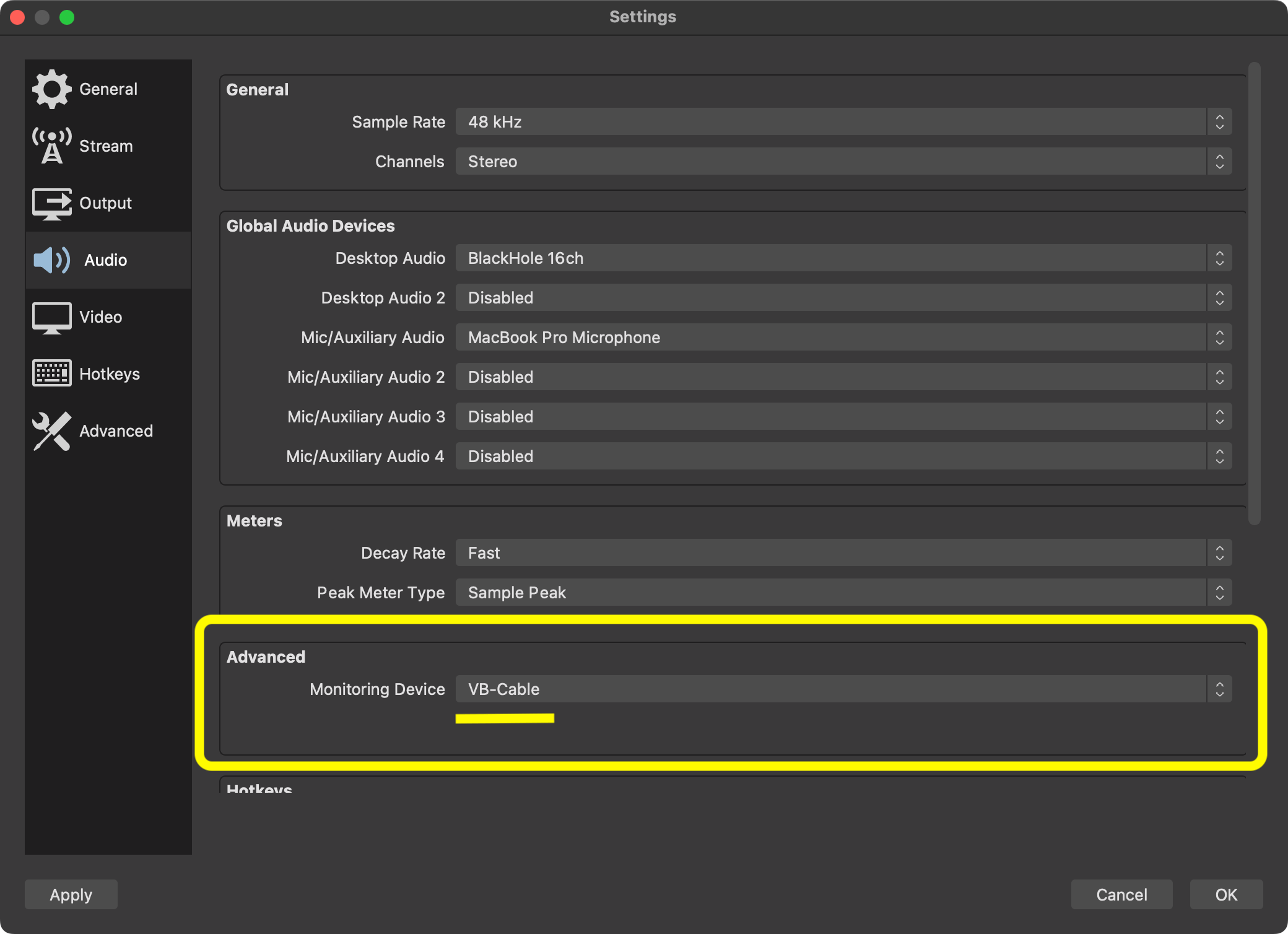 Setting the monitoring device