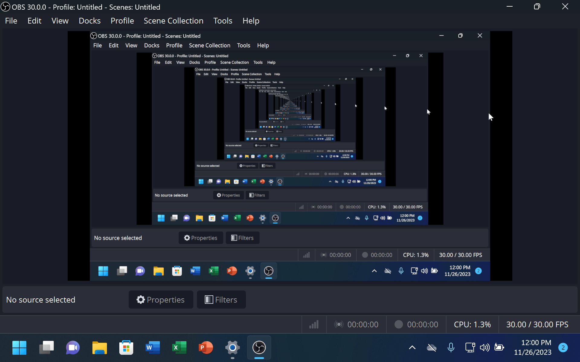 OBS Studio preview showing the Video Feedback Effect, an infinite tunnel of OBS Studio windows appearing smaller and smaller, each within the other