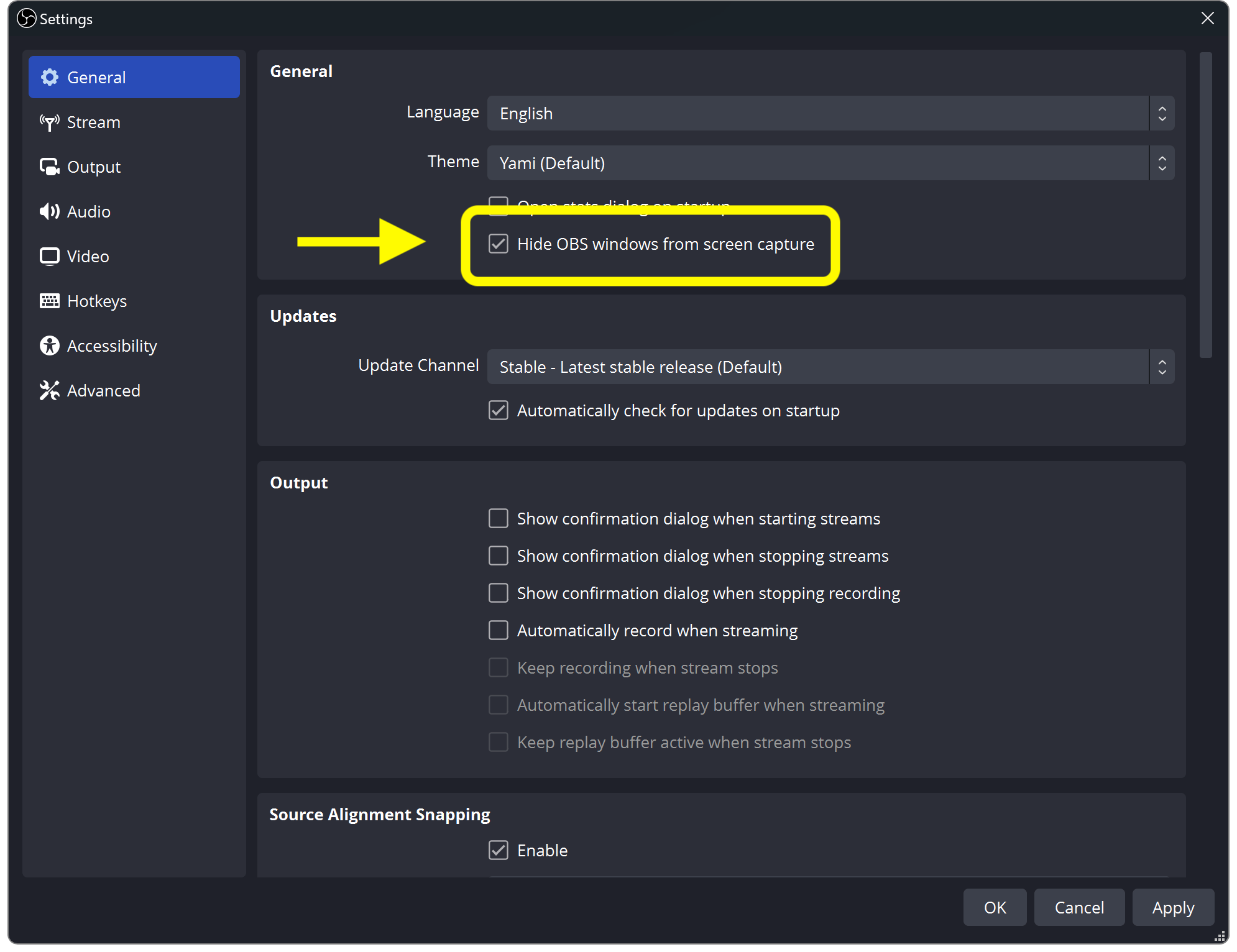 OBS Studio settings window with the "Hide OBS windows from screen capture" option highlighted