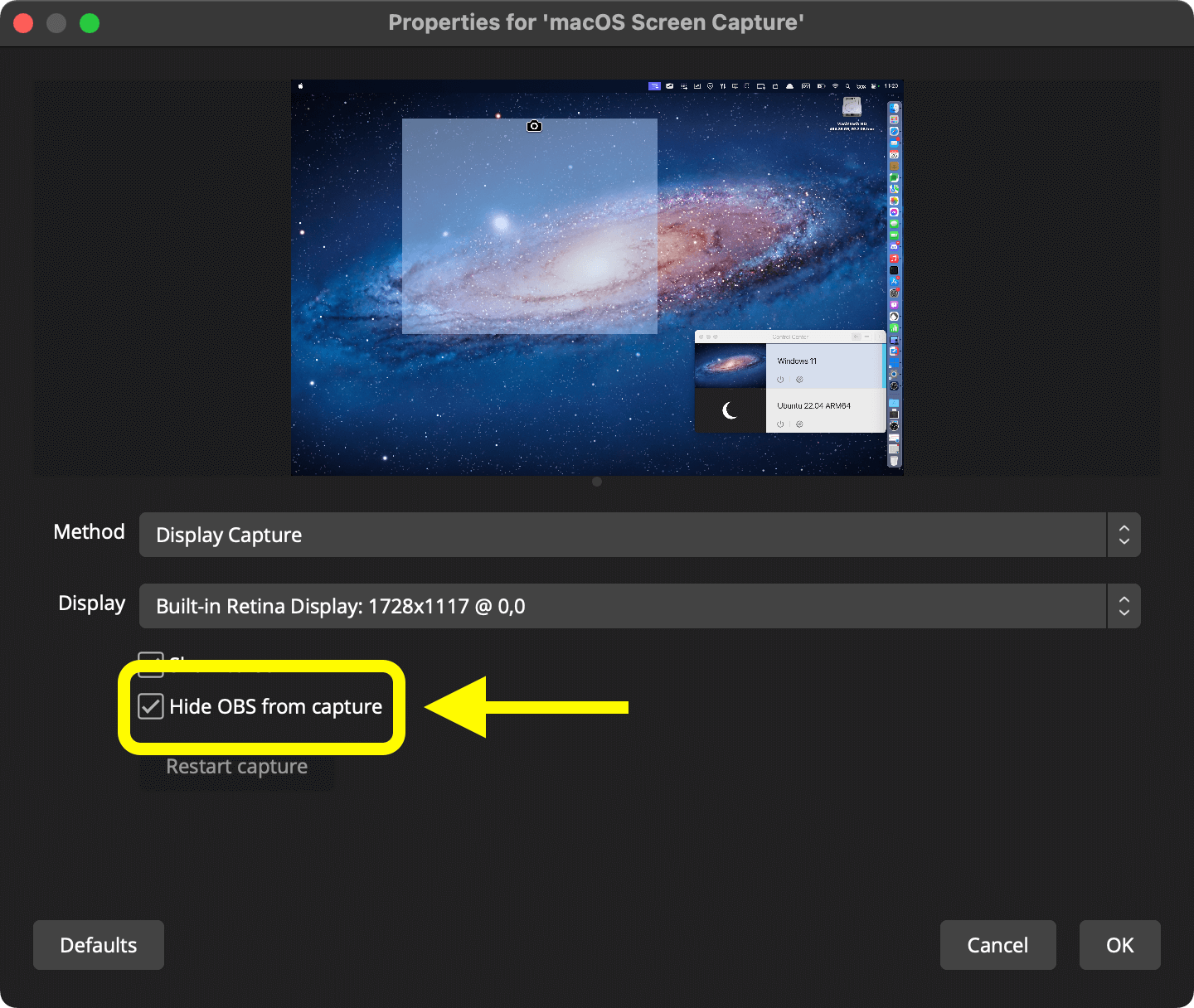 macOS Screen Capture properties window with the "Hide OBS from capture" option highlighted