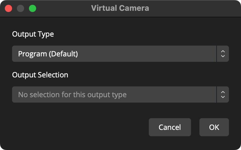 Virtual Camera settings window