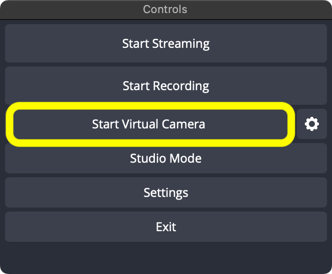 OBS Studio Controls dock, with the Start Virtual Camera button highlighted