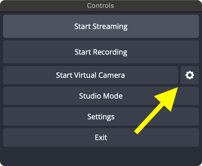 OBS Studio Controls dock with the Virtual Camera Settings button highlighted
